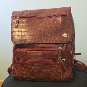 Brown Crocodile-Embossed Leather Backpack